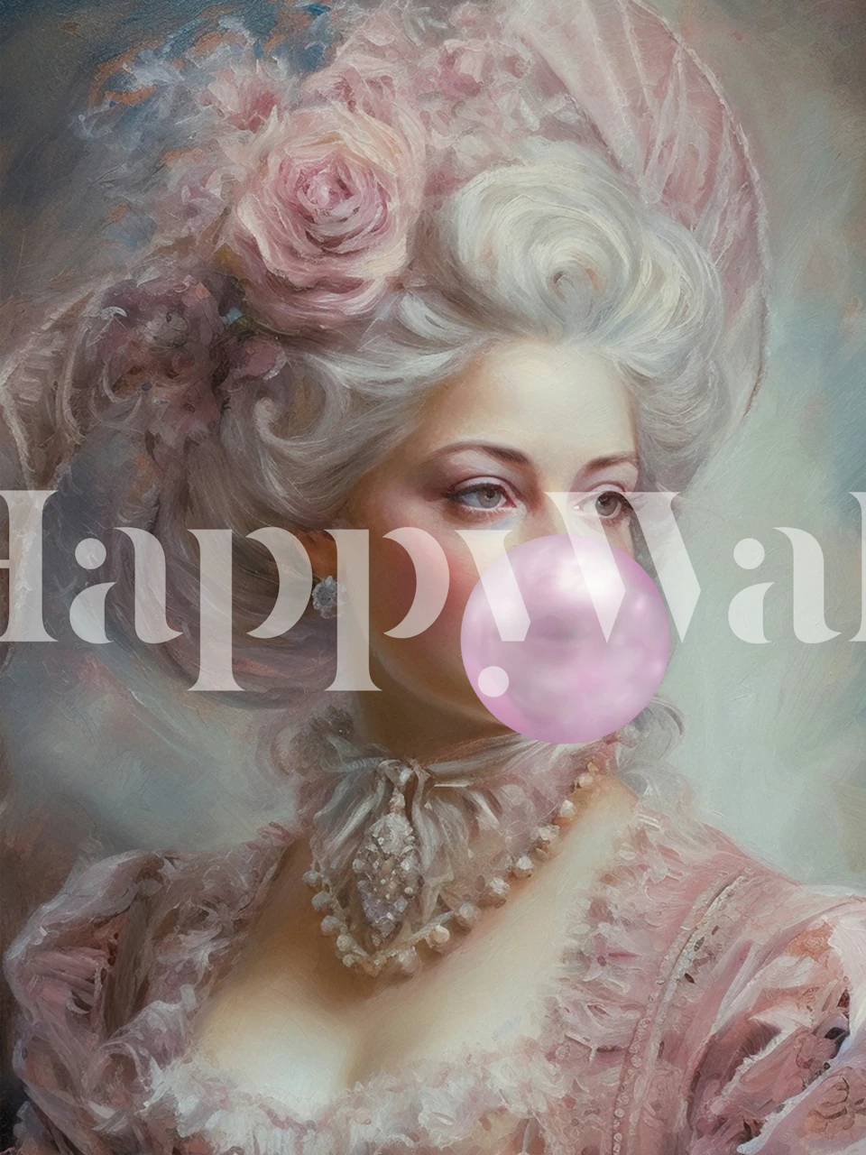 Marie Antoinette portrait with pink bubblegum wallpaper