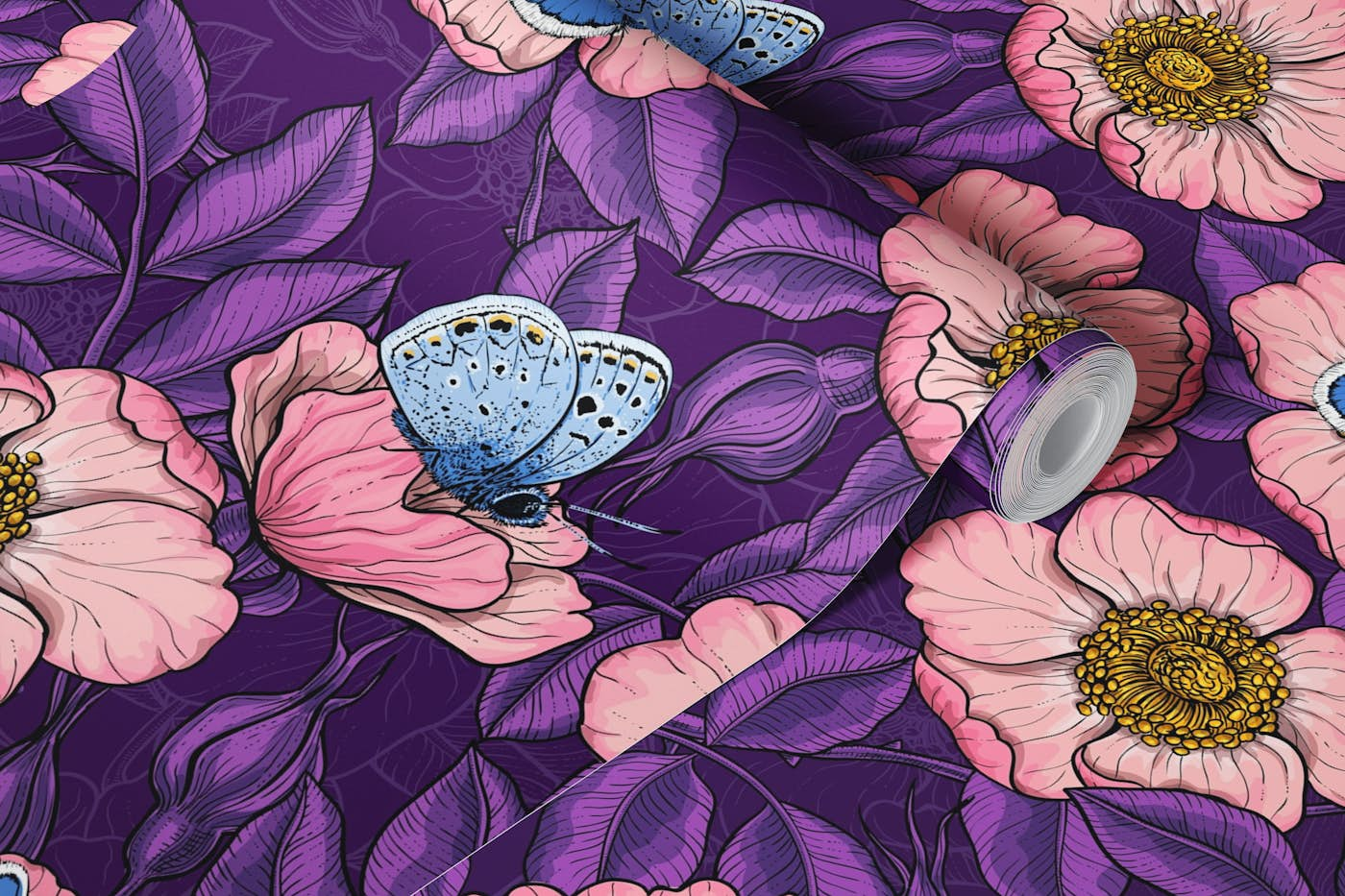 Dog rose and blue butterflies in pink wallpaper roll