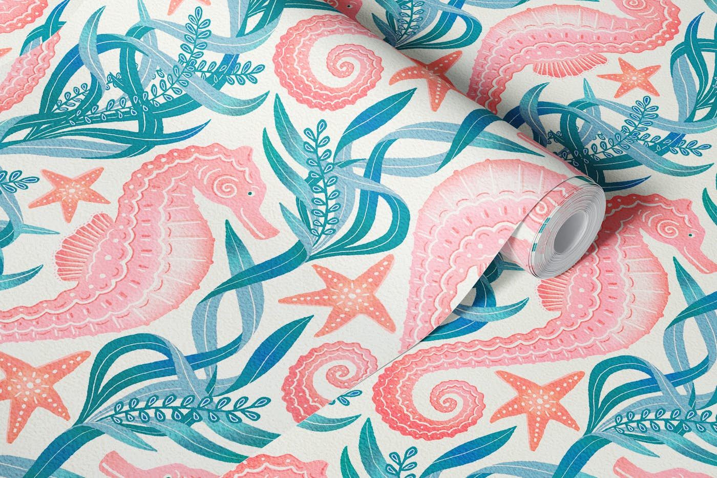 Pastel Seahorse and Starfish in Pink and Blue wallpaper roll