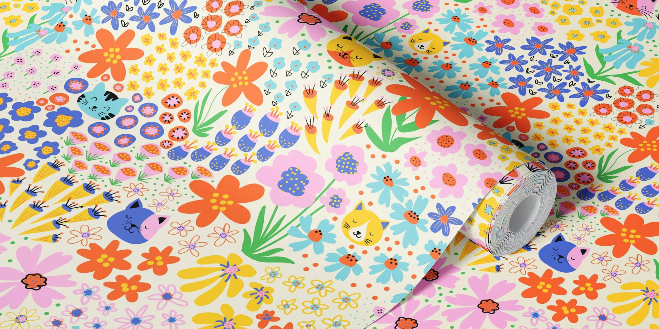 Colorful cats among flowers in bright patterns wallpaper