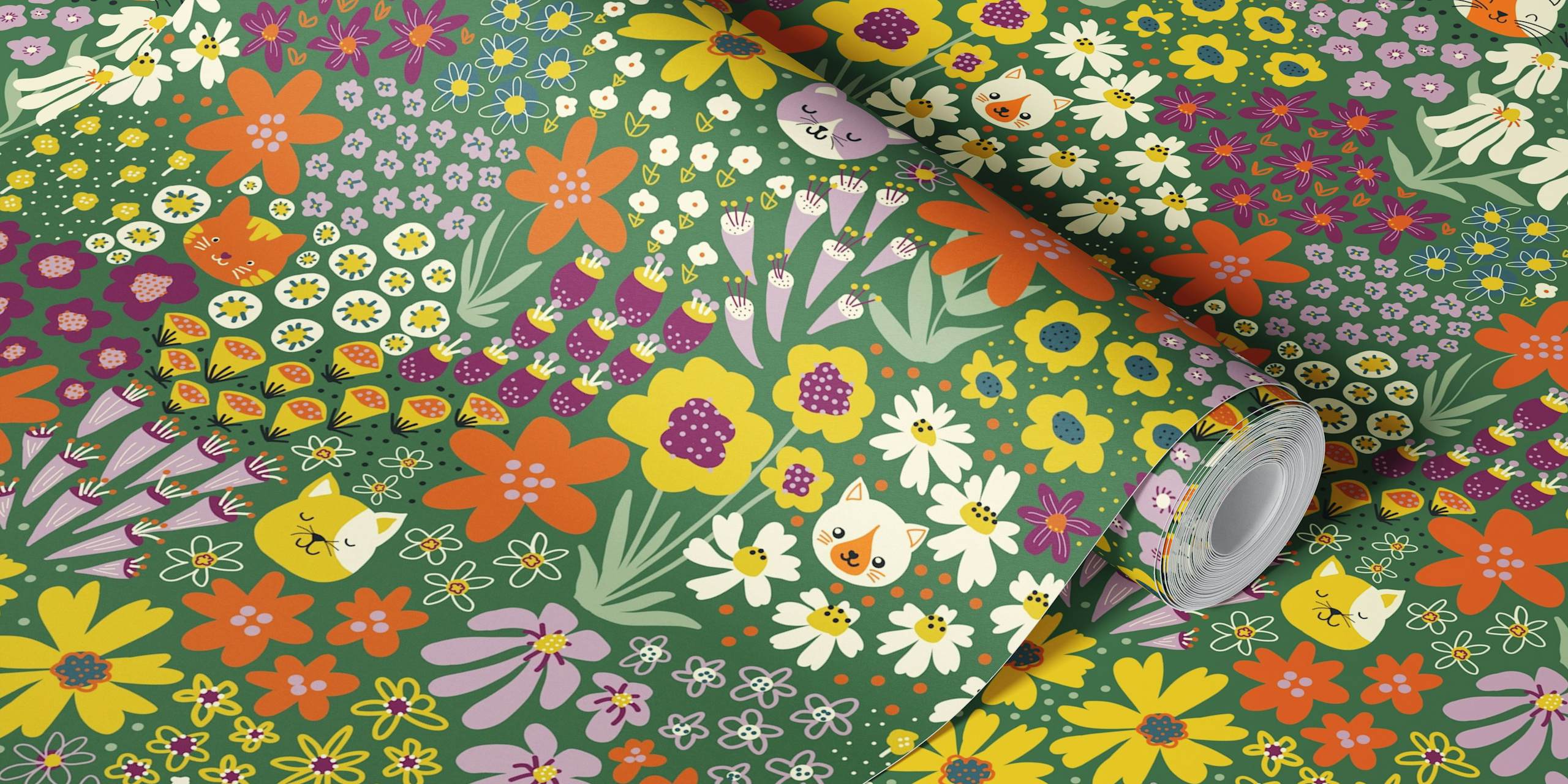 Happy Cats Wild Flowers Multicolor Carta da parati