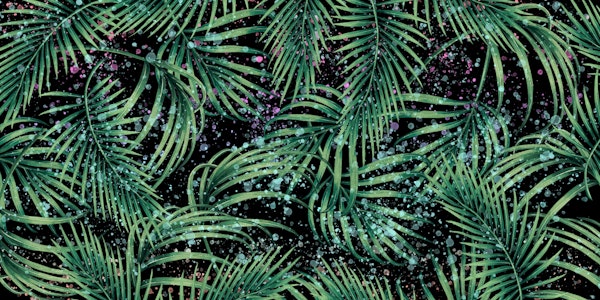 Rainbow splashes and tropical leaves on dark