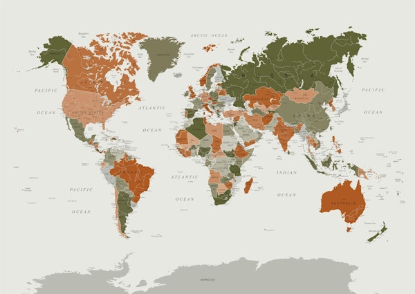 World Map Olive Green and Burnt Orange