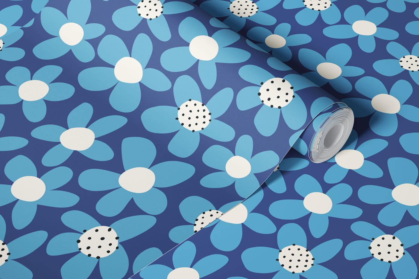 Playful Blooming Flowers - Navy Sky Blue wallpaper roll