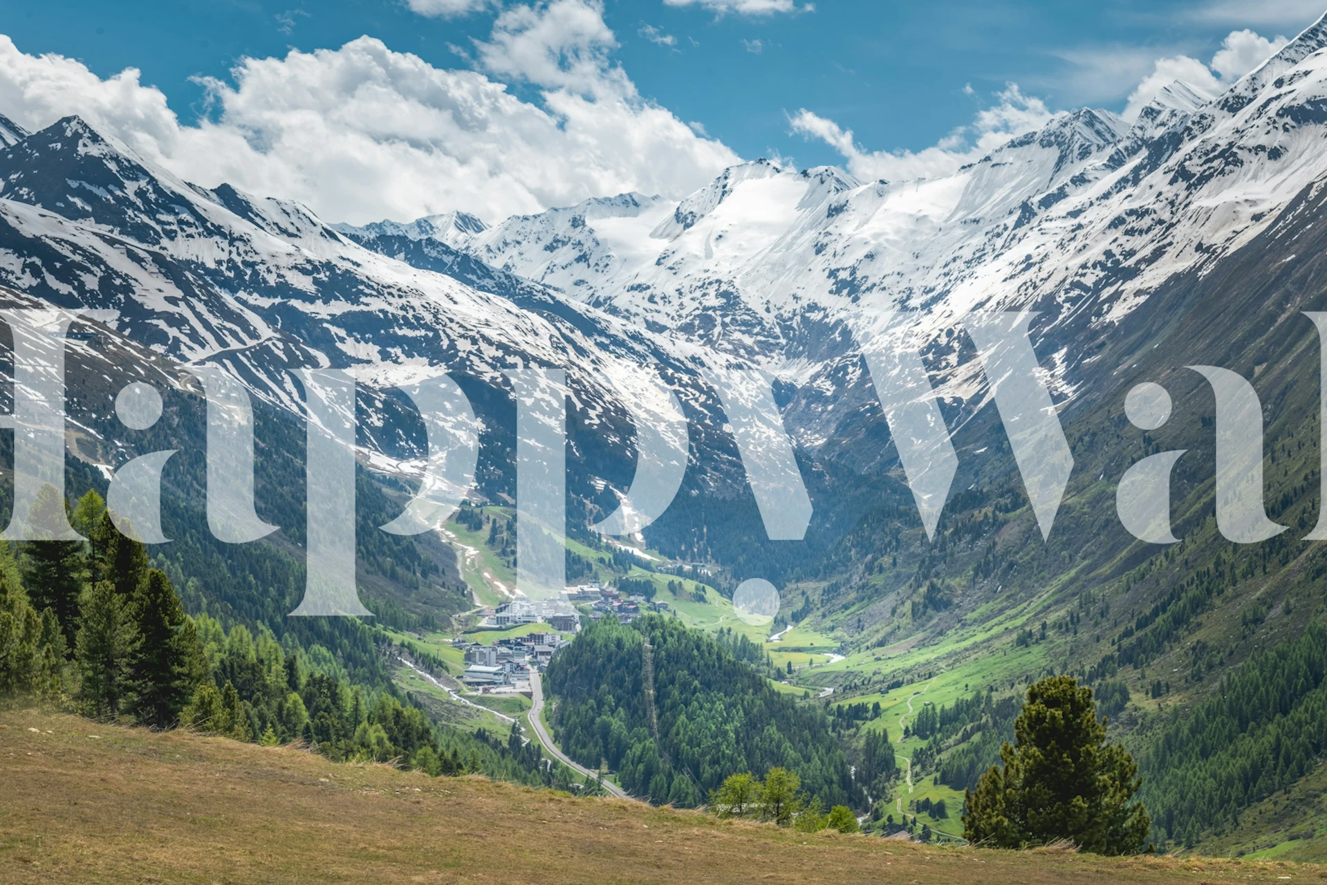 Snowy mountain landscape with green valleys and trees wallpaper