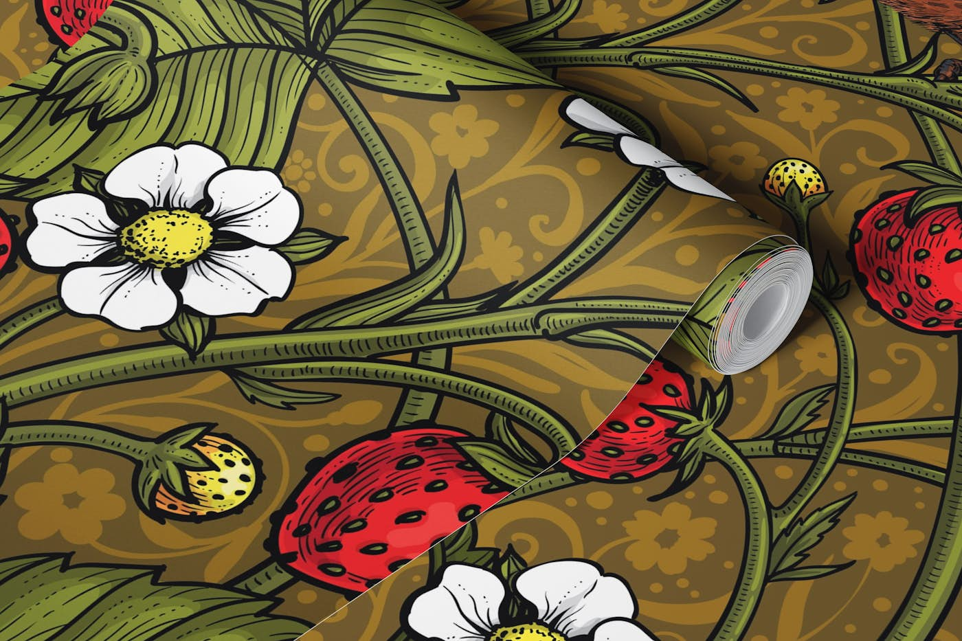 Wrens and strawberries on brown ochre wallpaper roll