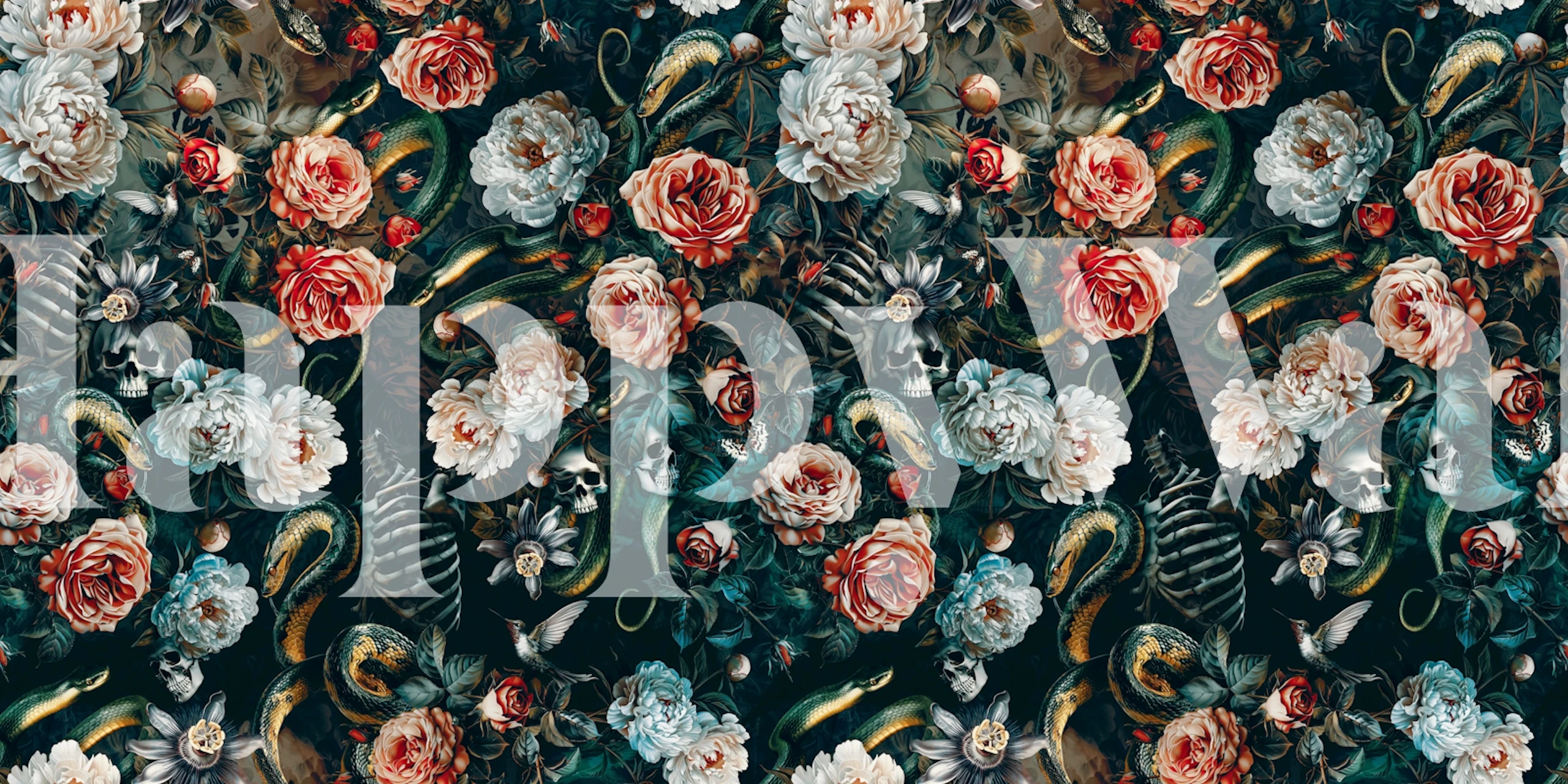 Floral and skull patterns in dark tones with roses and snakes wallpaper