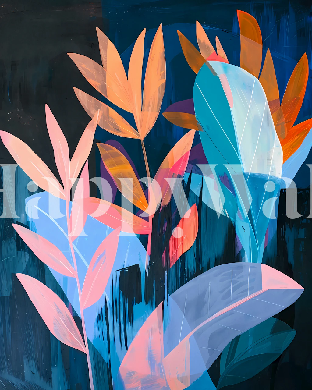 Artistic rendition of tropical foliage in blue, pink, and coral hues wall mural
