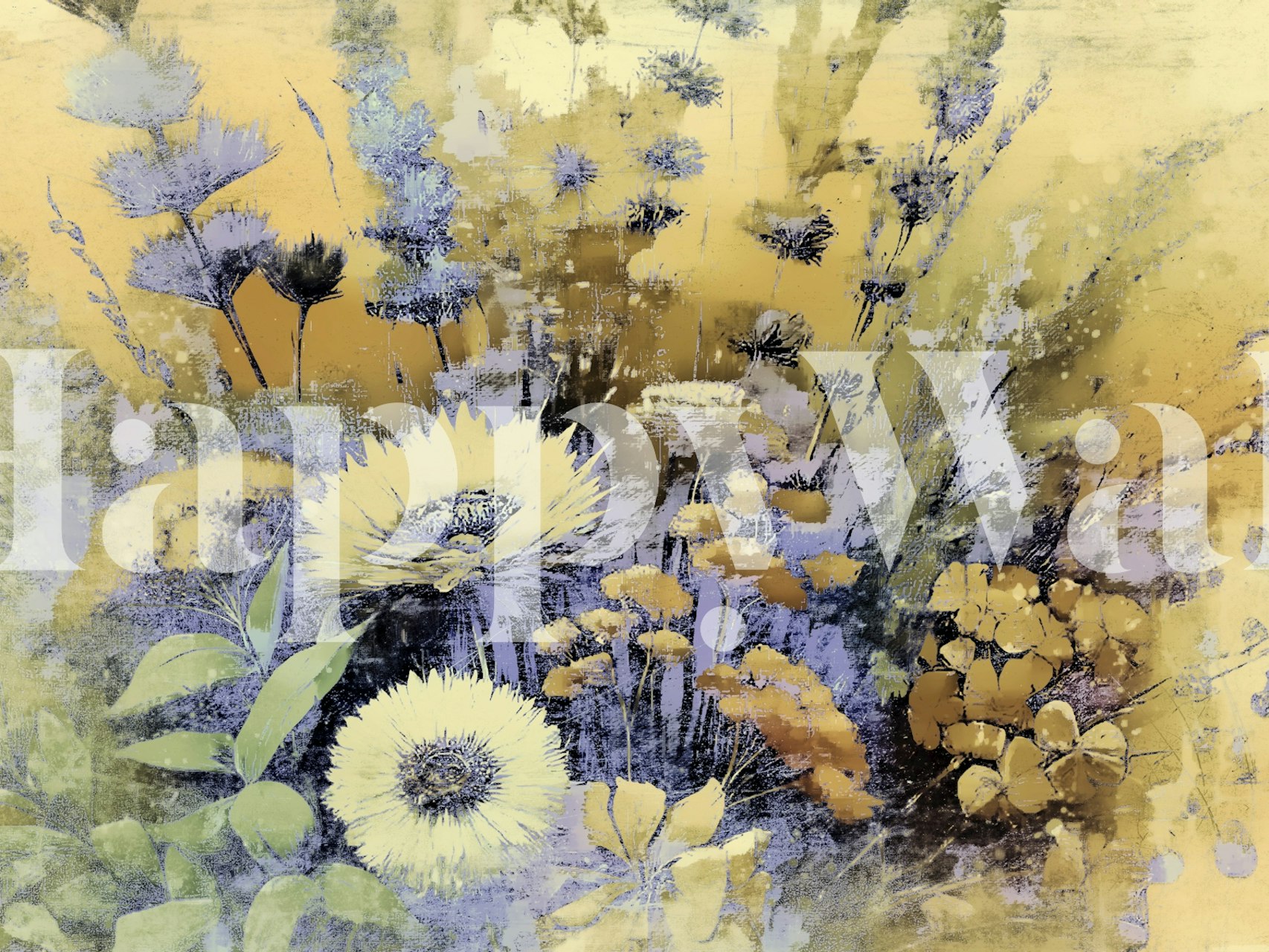 Yellow floral wallpaper with sunflowers and delicate blooms