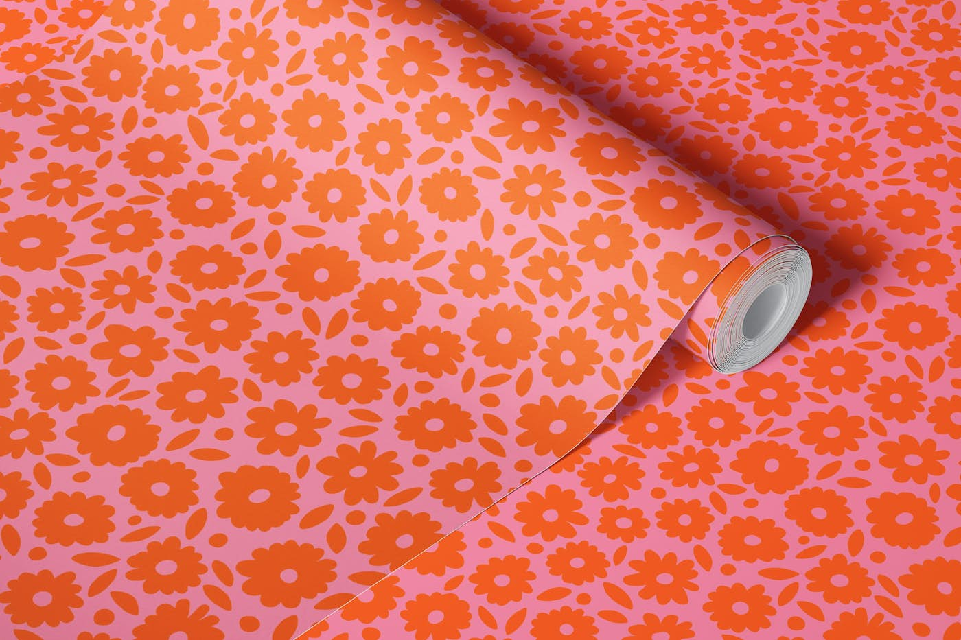 Ditsy Daisy - Orange and Pink wallpaper roll