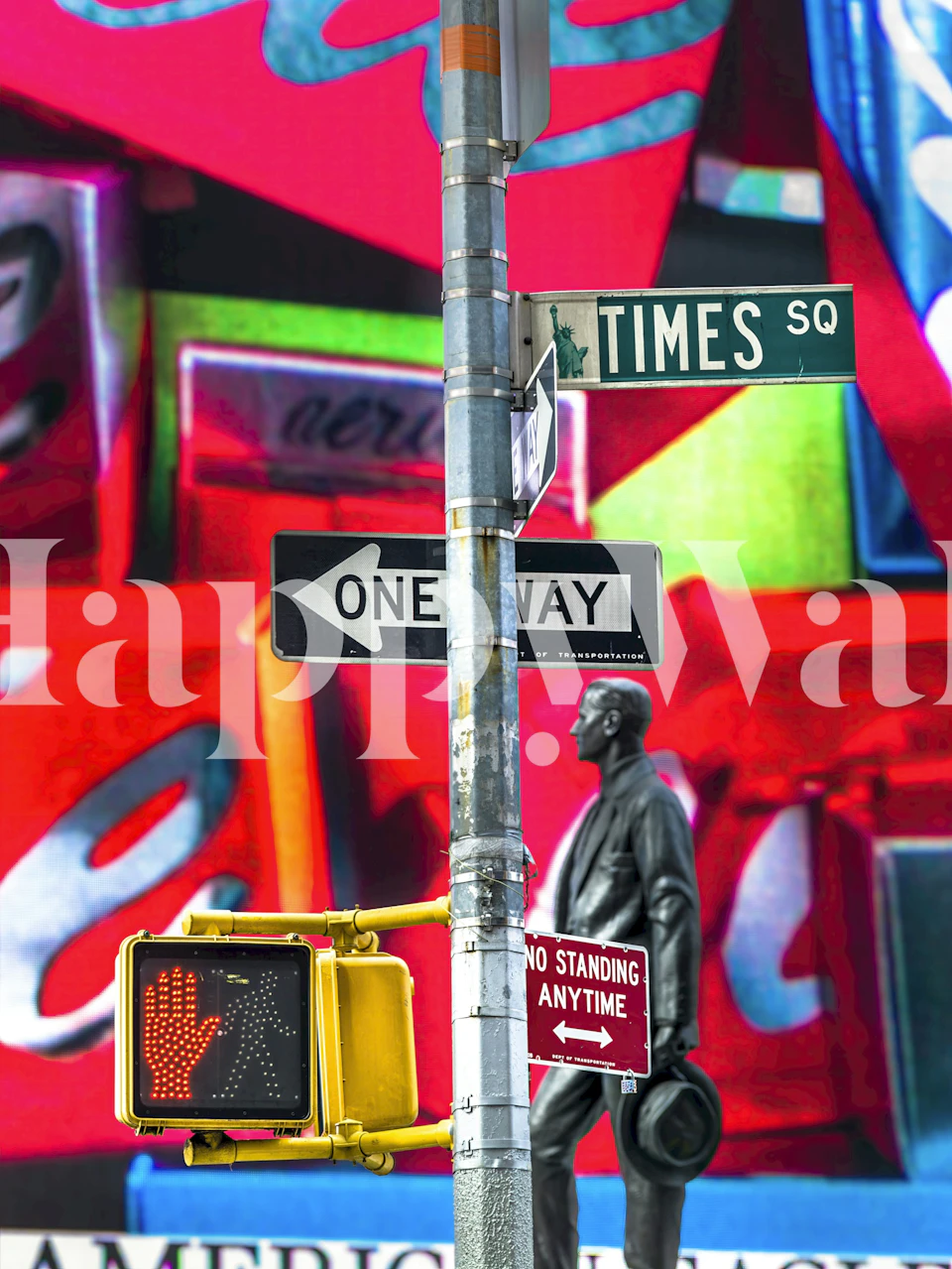 Colorful urban street art wallpaper featuring signage and a statue.