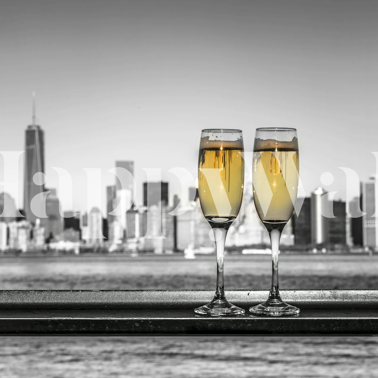 Champagne glasses with NYC skyline in black and white wallpaper