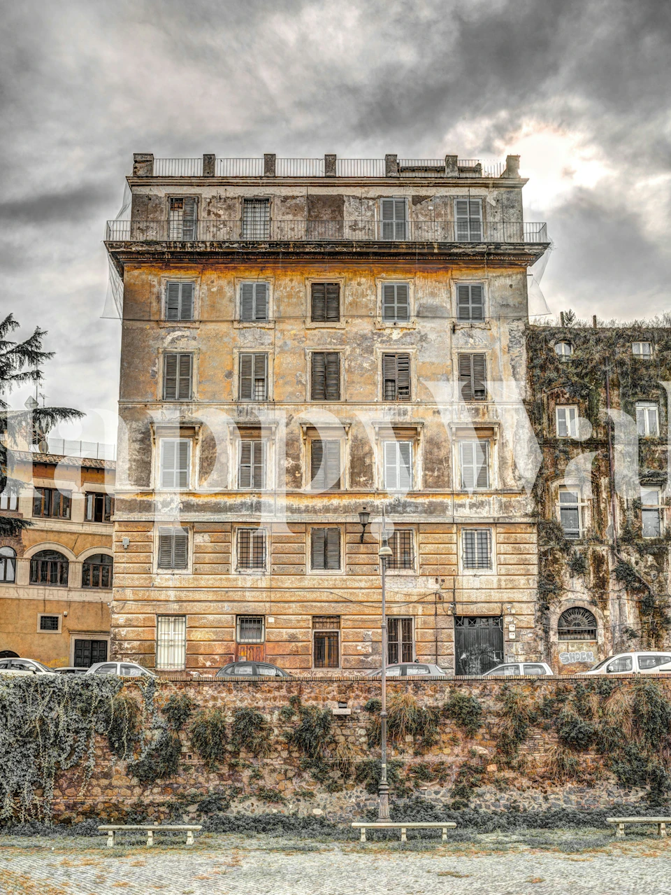 Aging architectural building facade with muted colors wallpaper