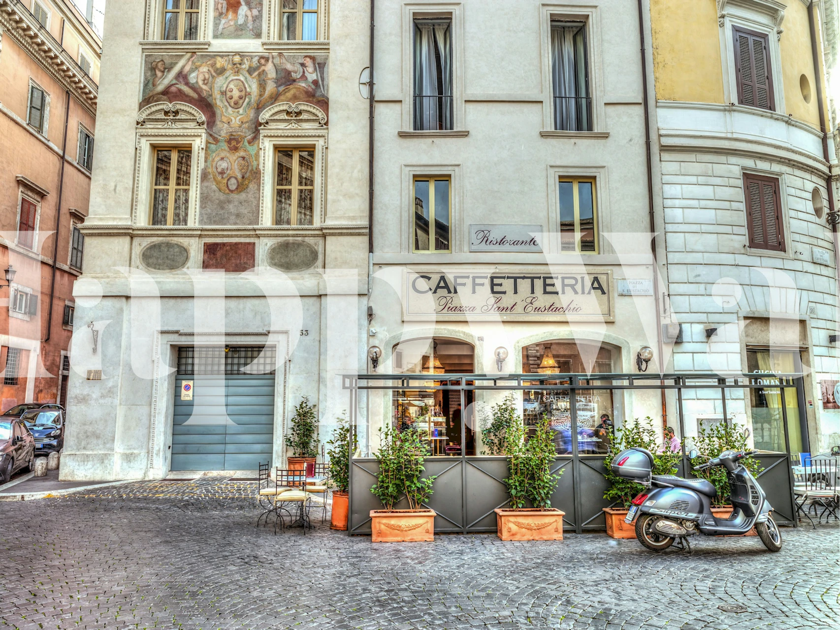 Charming street scene wallpaper featuring a café and plants, warm colors, vintage style wallpaper