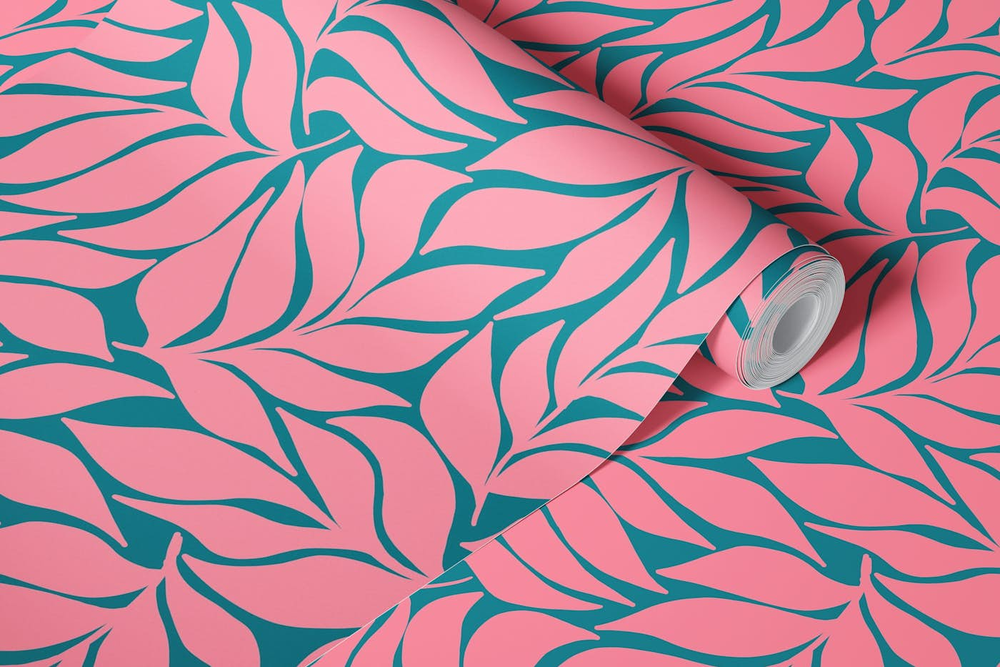 Wavy Tropical Leaves - Coral on Dark Teal wallpaper roll