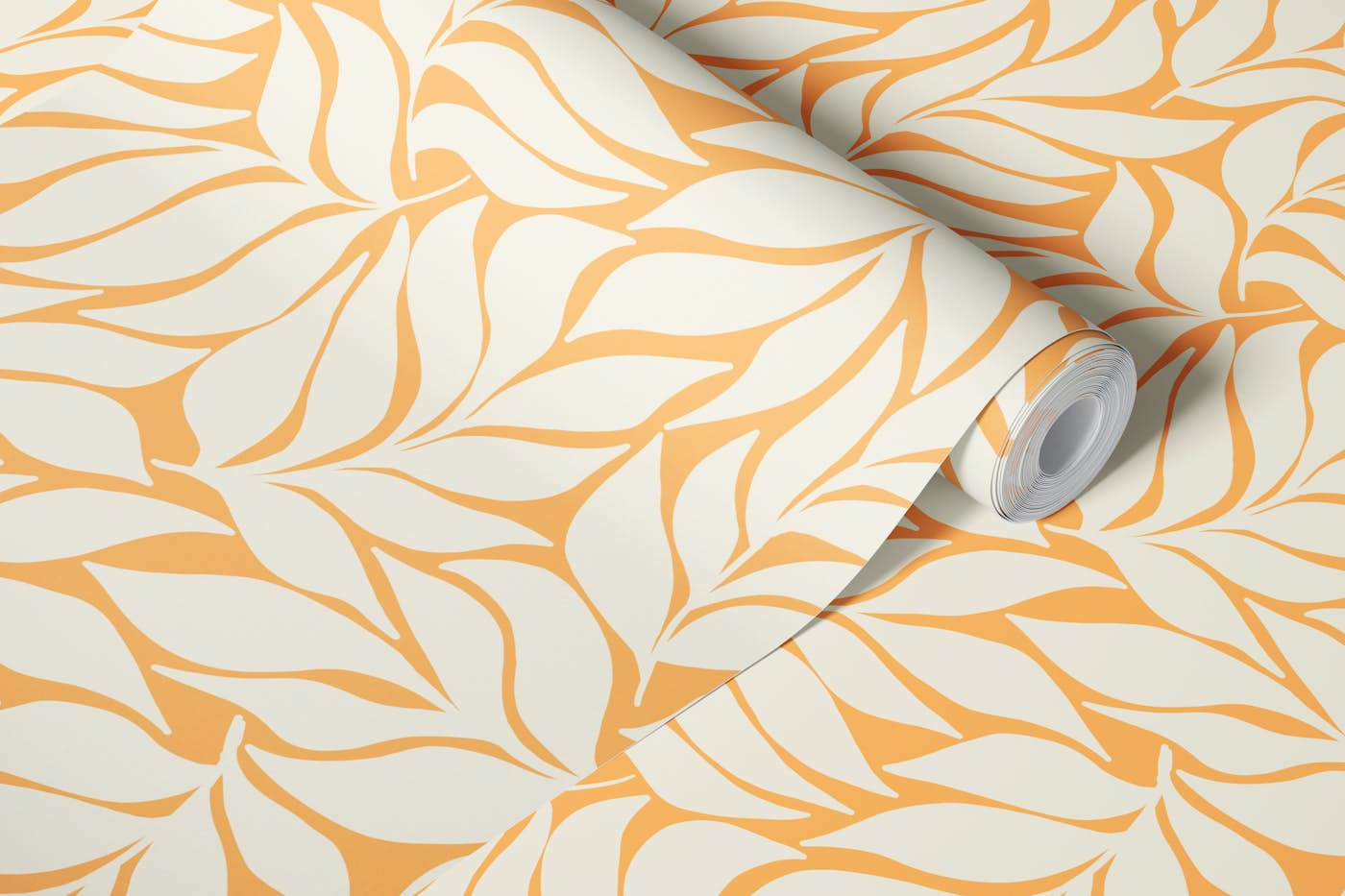 Wavy Tropical Leaves - Cream on Tangerine wallpaper roll