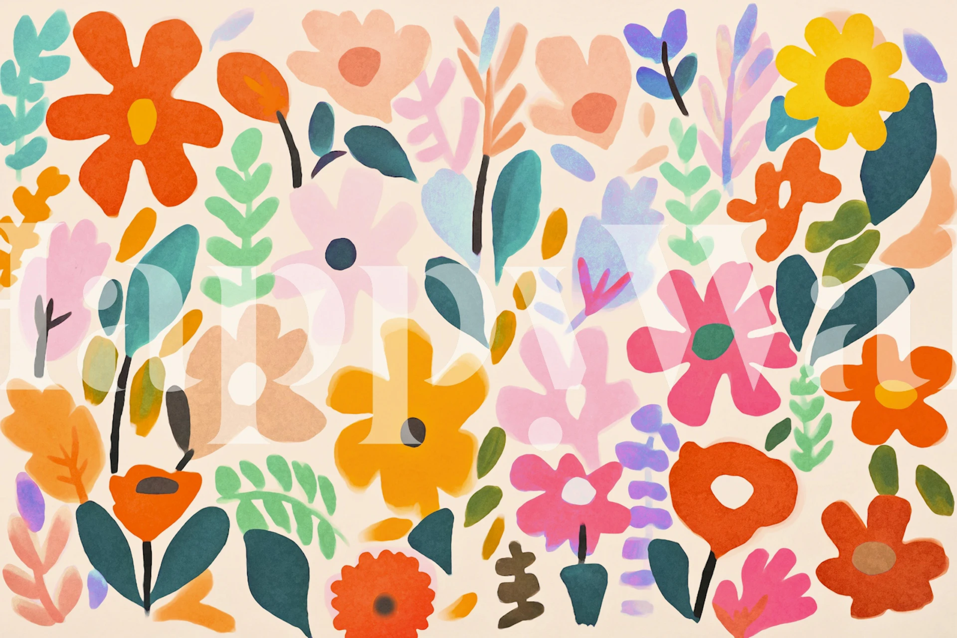 Colorful Matisse-inspired groovy pastel flower garden wall mural