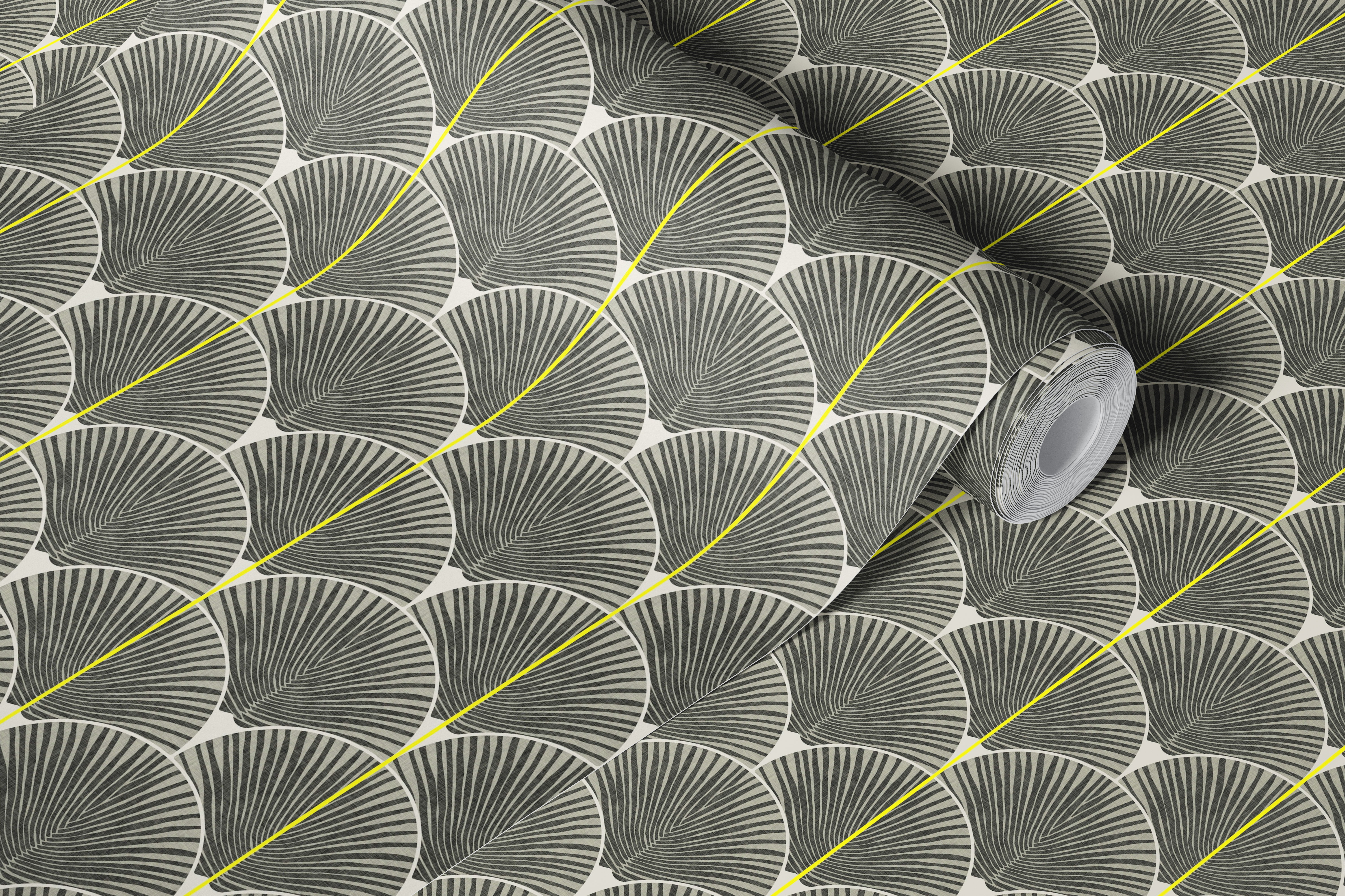 Geometric black and yellow fan pattern wallpaper