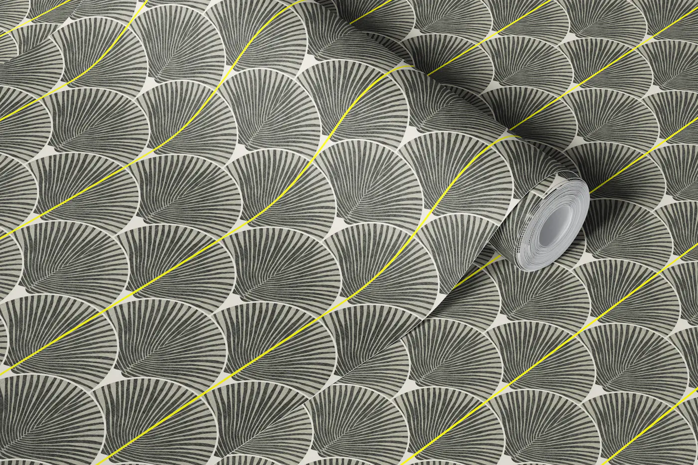 Japandi Gray Palms Yellow Lines - small scale wallpaper roll