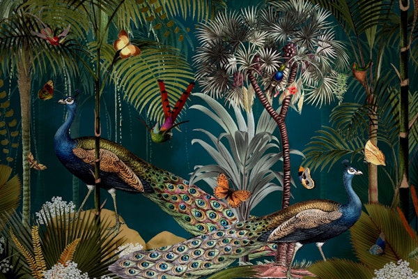 Fantasy tropical night jungle with peacocks