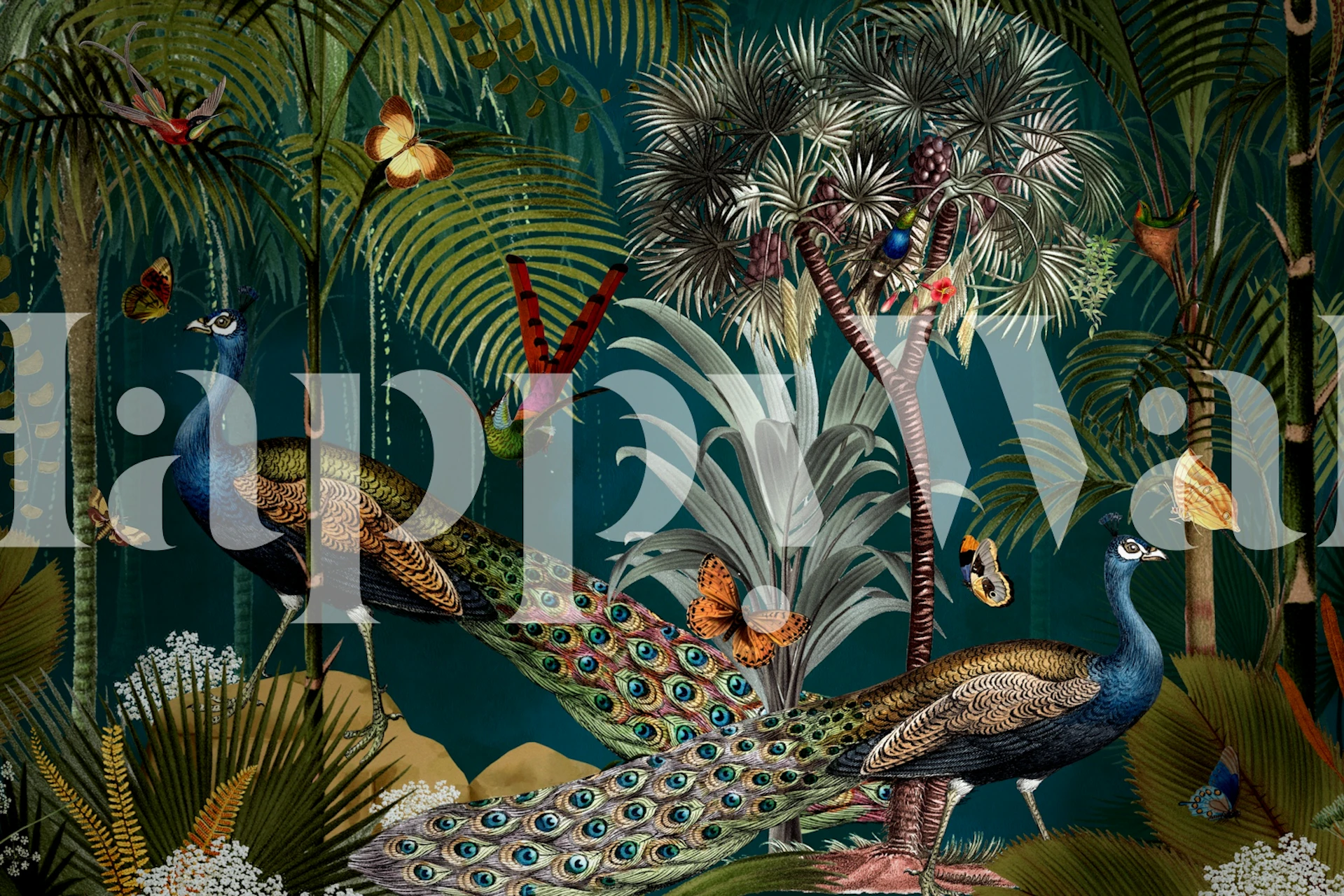 Fantasy tropical night jungle mit Pfauen und Schmetterlingen