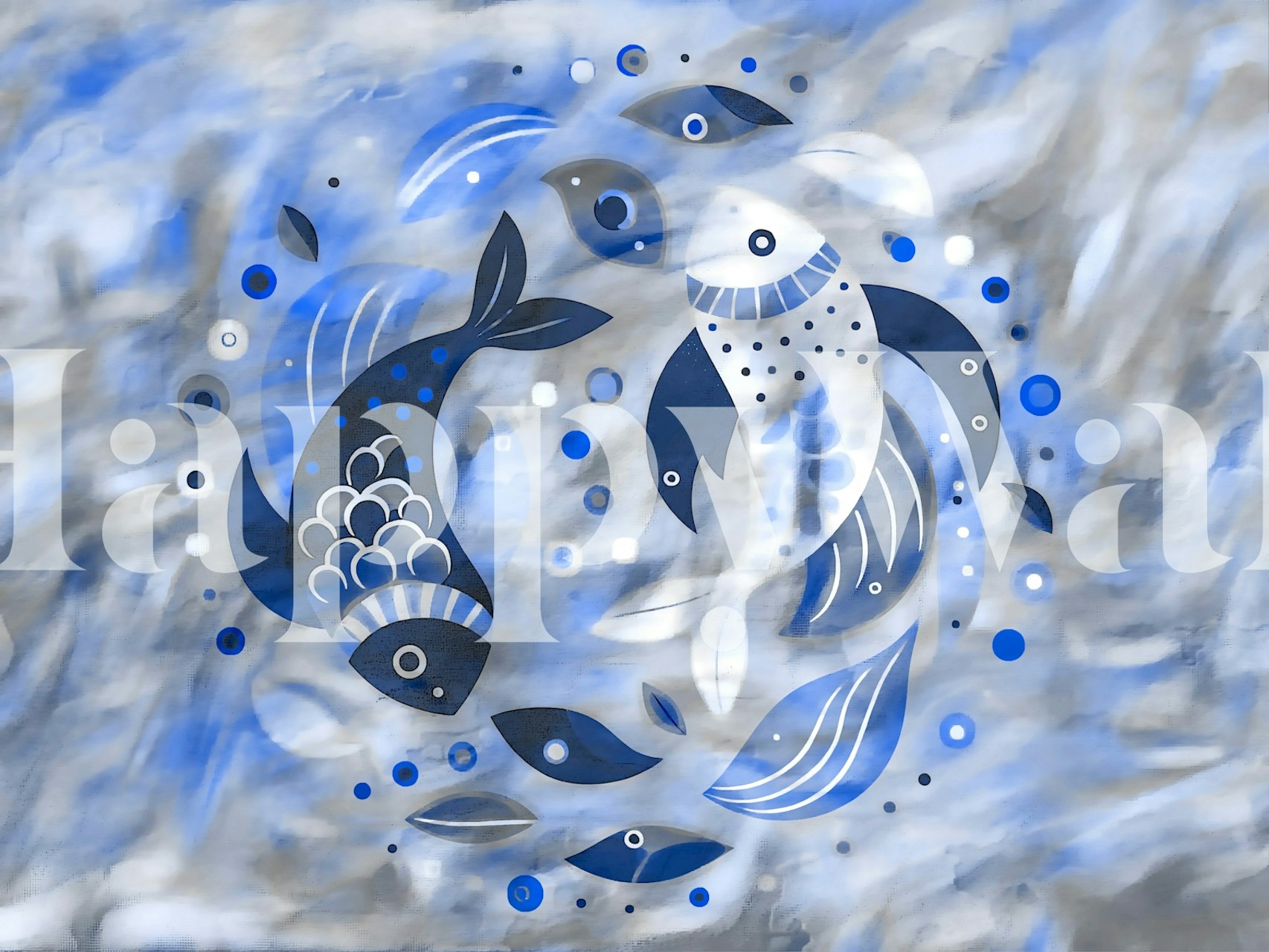 Stylized fish and abstract sea patterns wall mural in soothing shades of blue