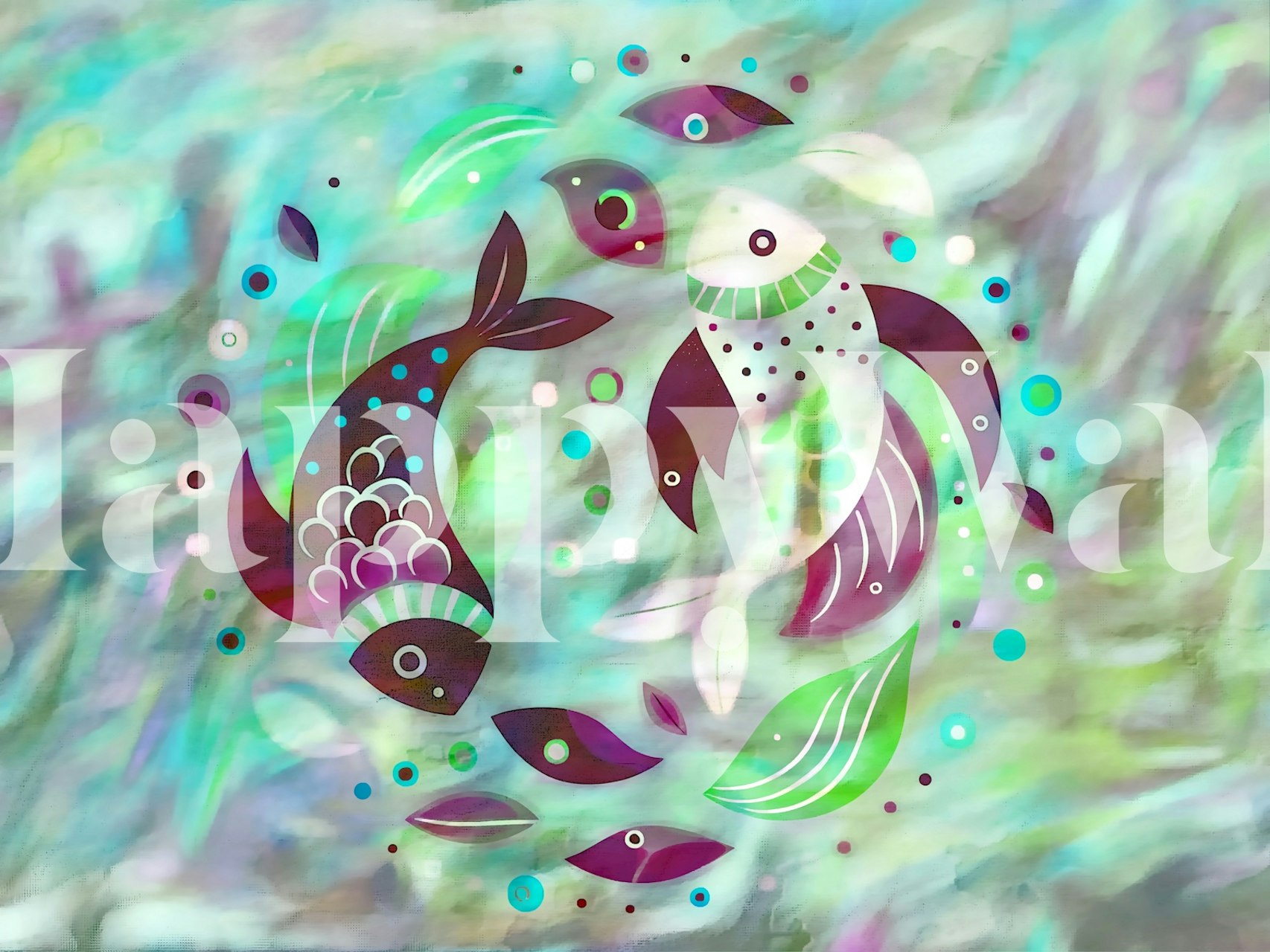 Turquoise fish and abstract leaves pattern wallpaper