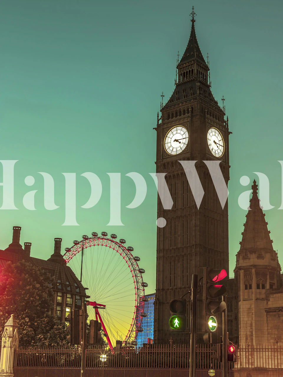 London cityscape wallpaper featuring Big Ben and the London Eye at dusk
