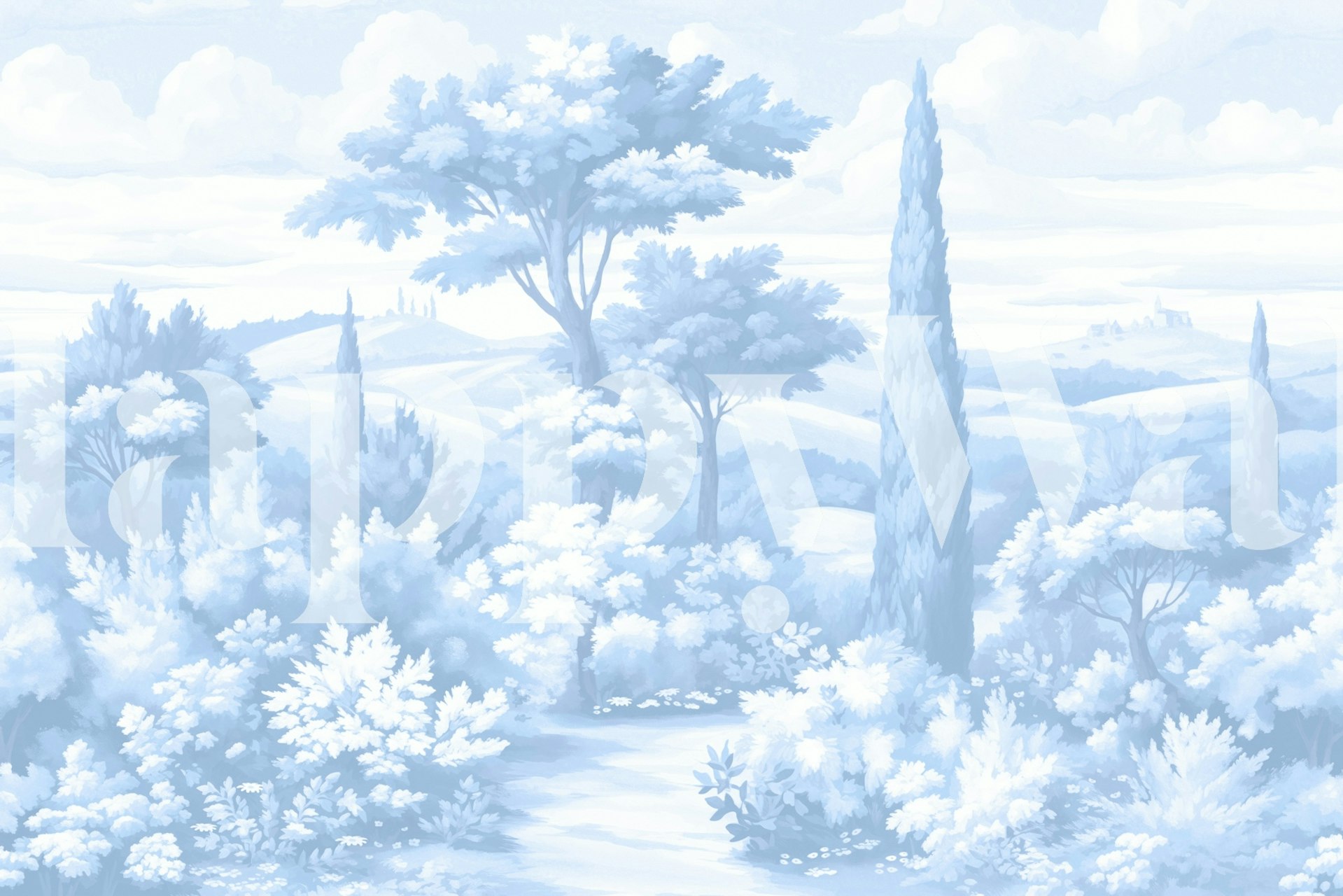 Botanical landscape in blue pastel tones wallpaper