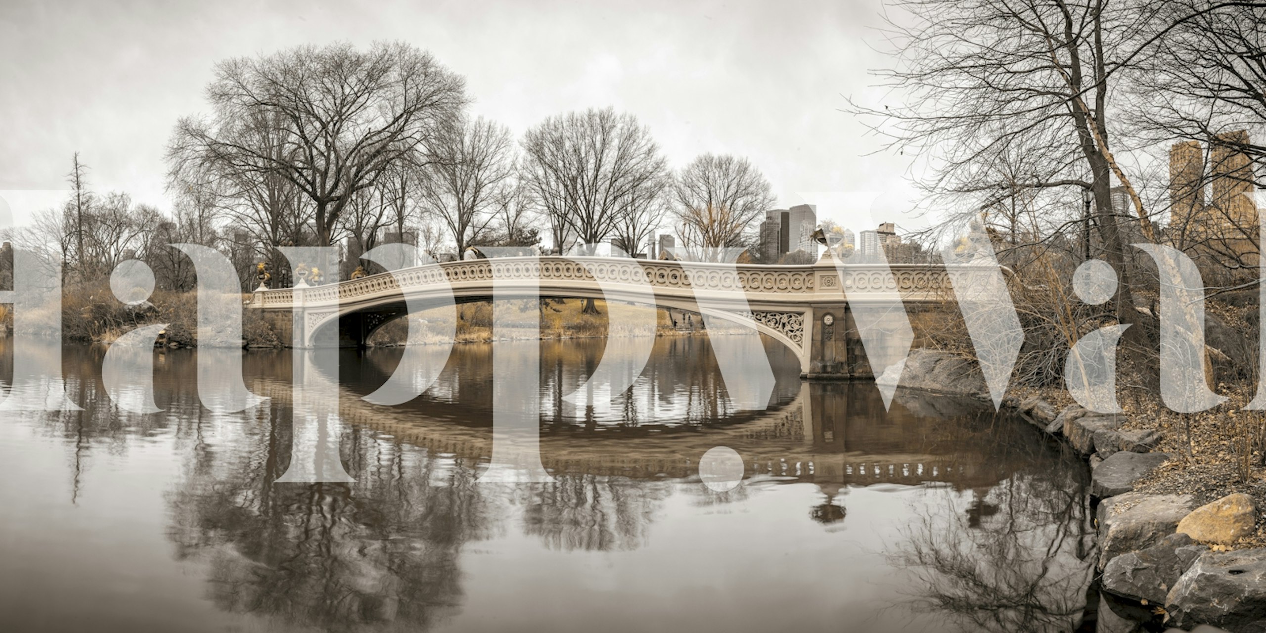 Bridge over pond with trees and skyline reflections gray wallpaper