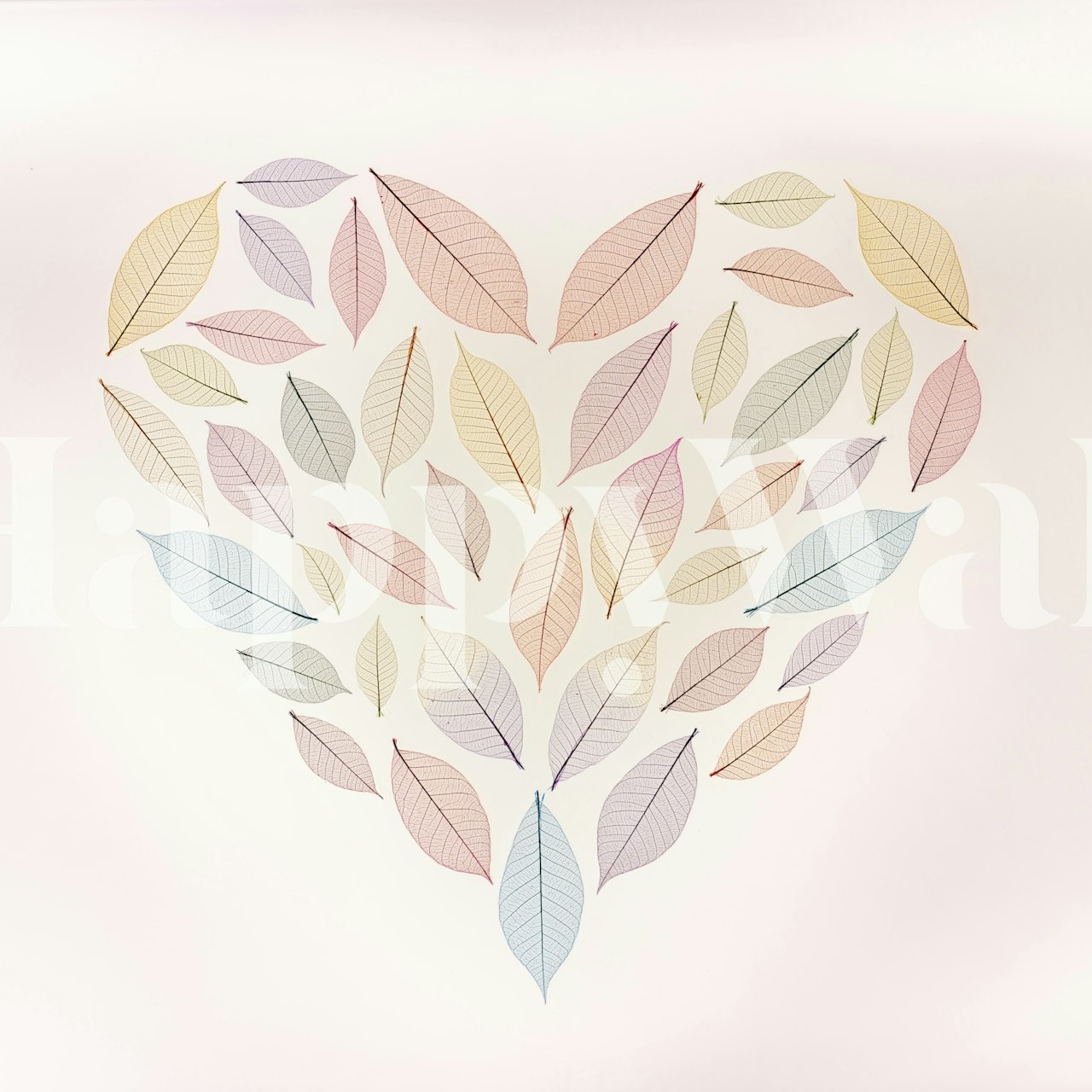 Pastel leaves in a heart shape on light background wallpaper