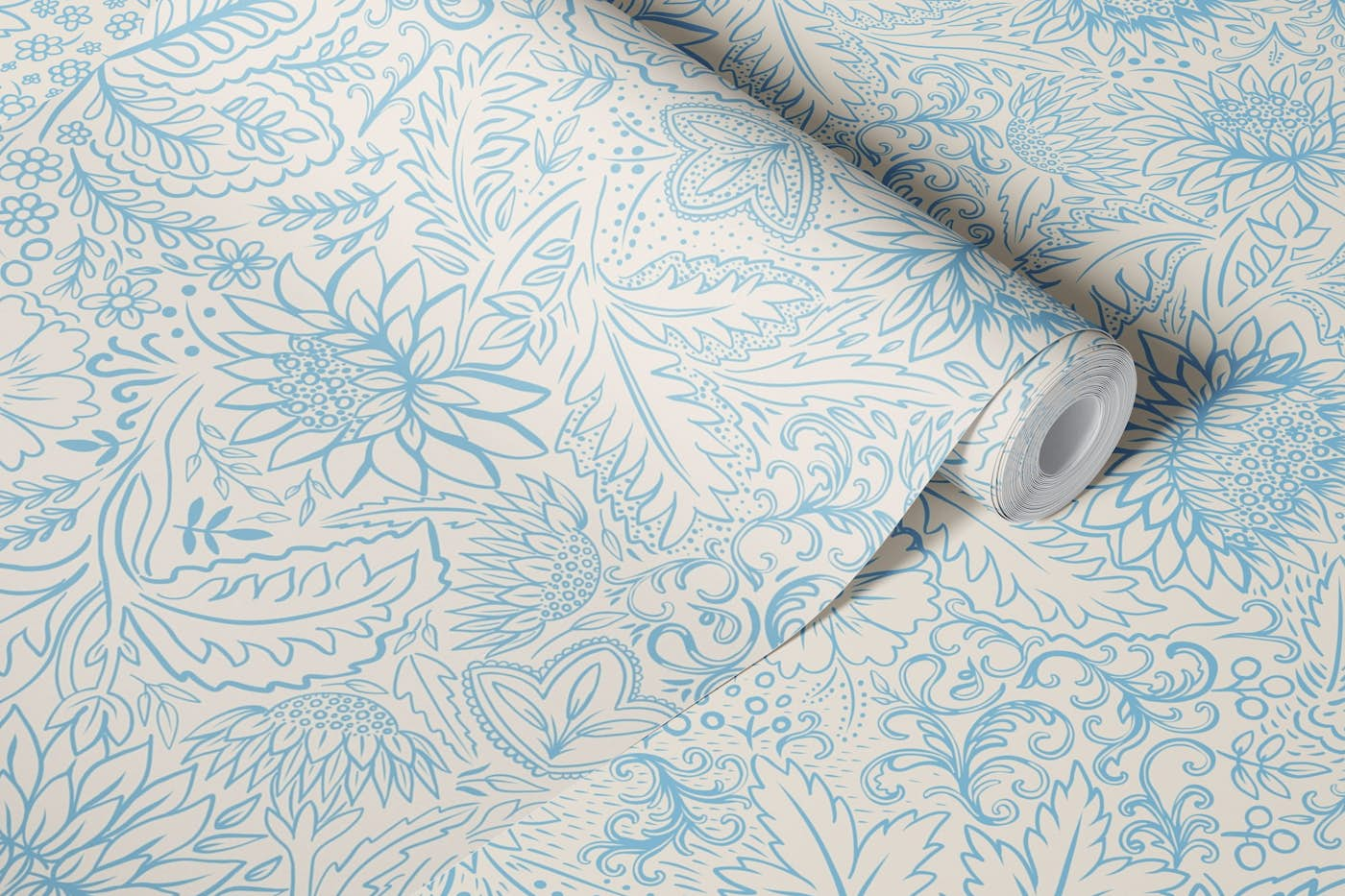 Country house folk doodle light blue wallpaper roll