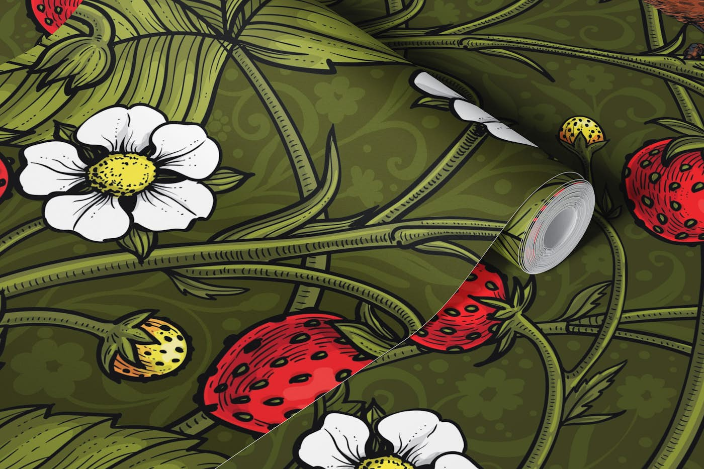 Wrens and strawberries on dark green wallpaper roll