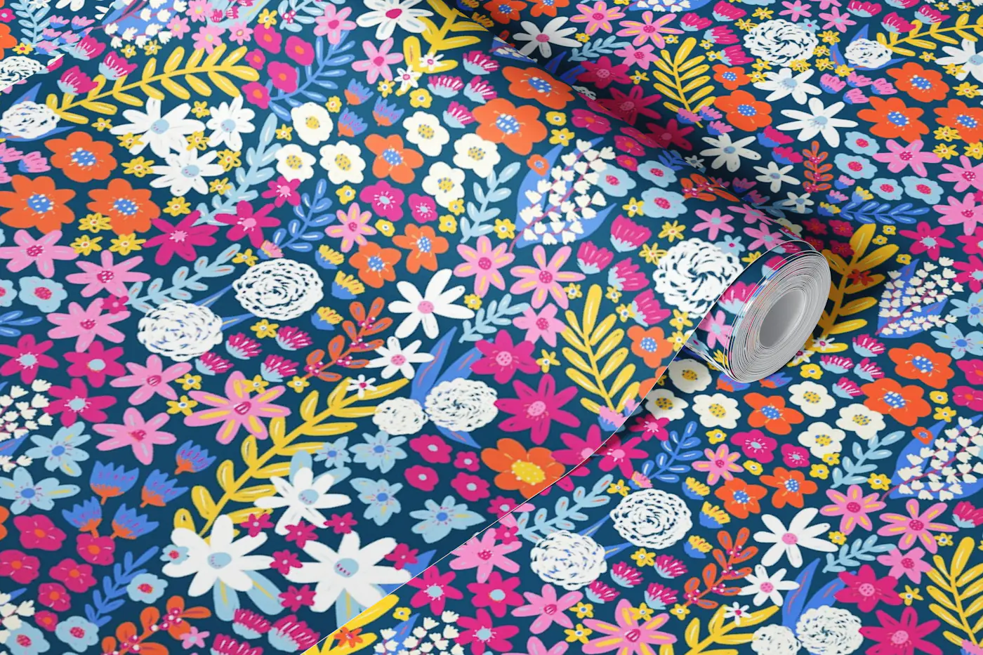 Vivid Wildflower Meadow on Navy wallpaper roll
