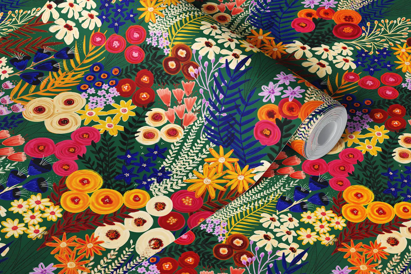 Painted Wildflower Meadow on Forest Green wallpaper roll