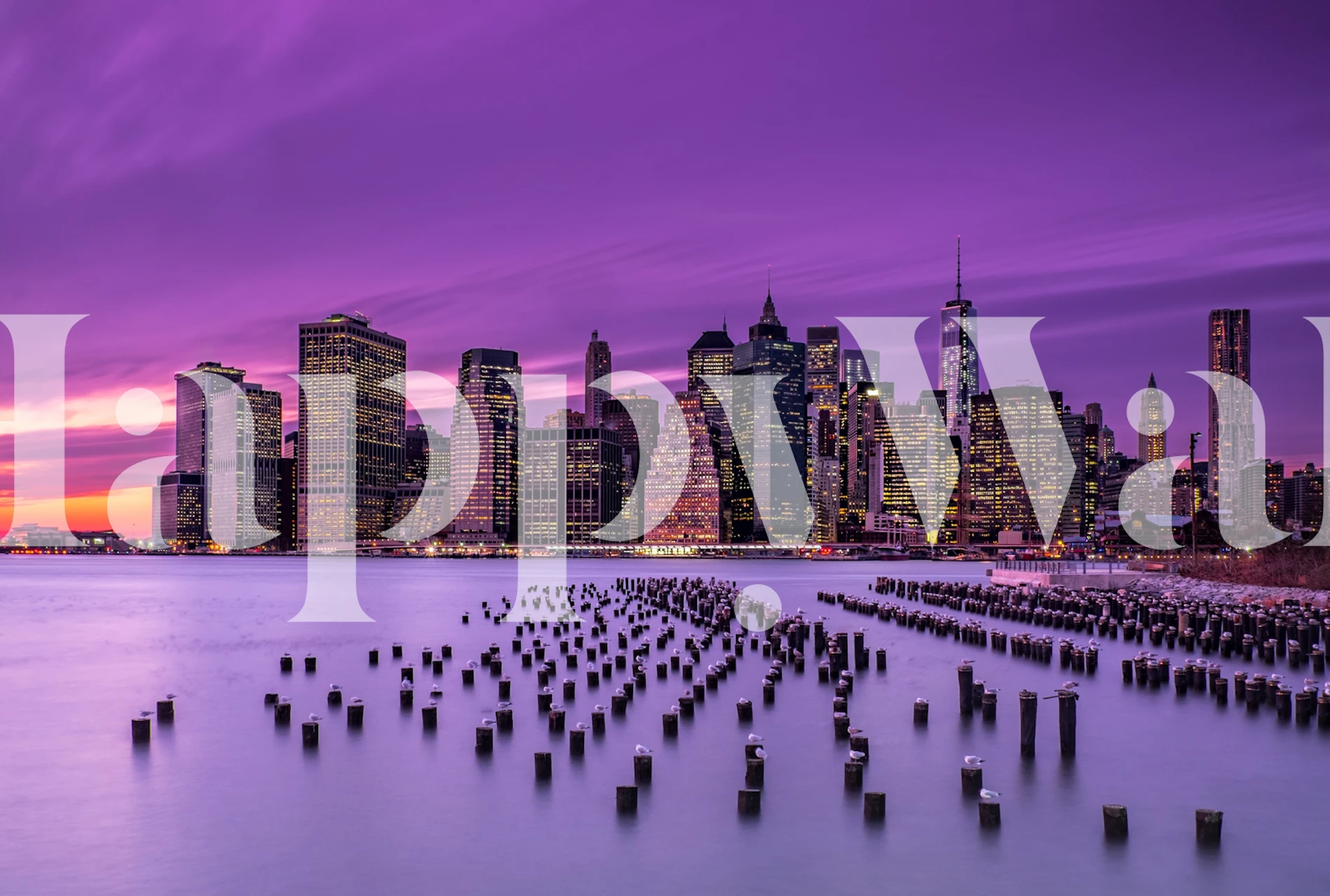 New York Violet Sunset Tapete in einem Raum