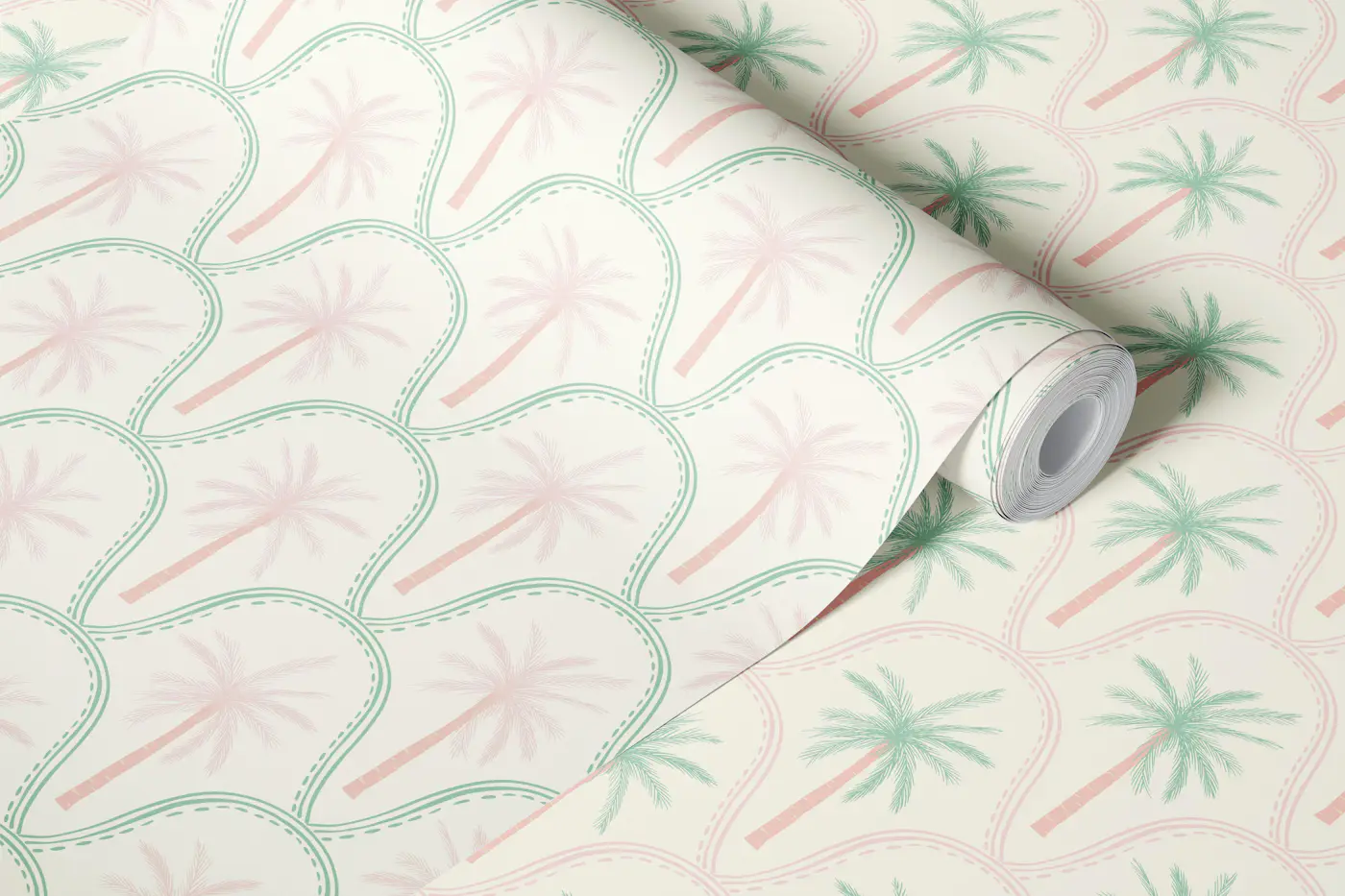 Boho Scandi palms with arch in pastels wallpaper roll