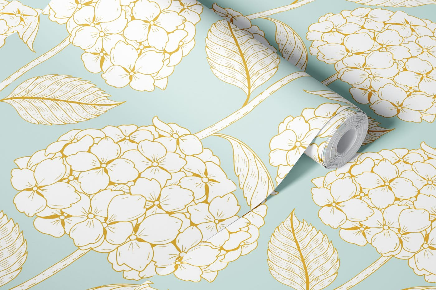 white hydrangea flowers on powder blue wallpaper roll