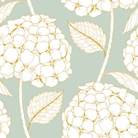soft white hydrangea botanical on mint wallpaper