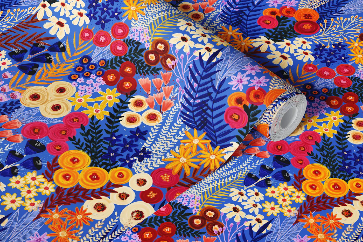 Wildflower Meadow Painting on Cobalt wallpaper roll