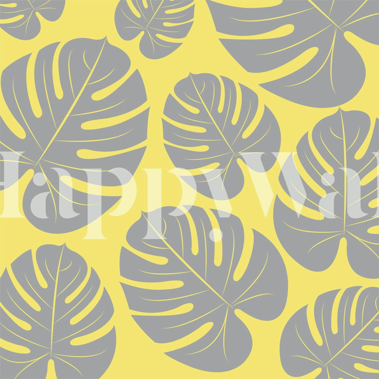 Taupe palm leaves wallpaper on yellow background