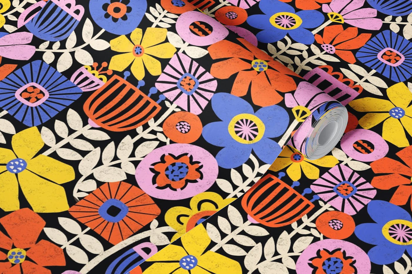 Cut Out Mod Art Florals - Multicolor Black wallpaper roll