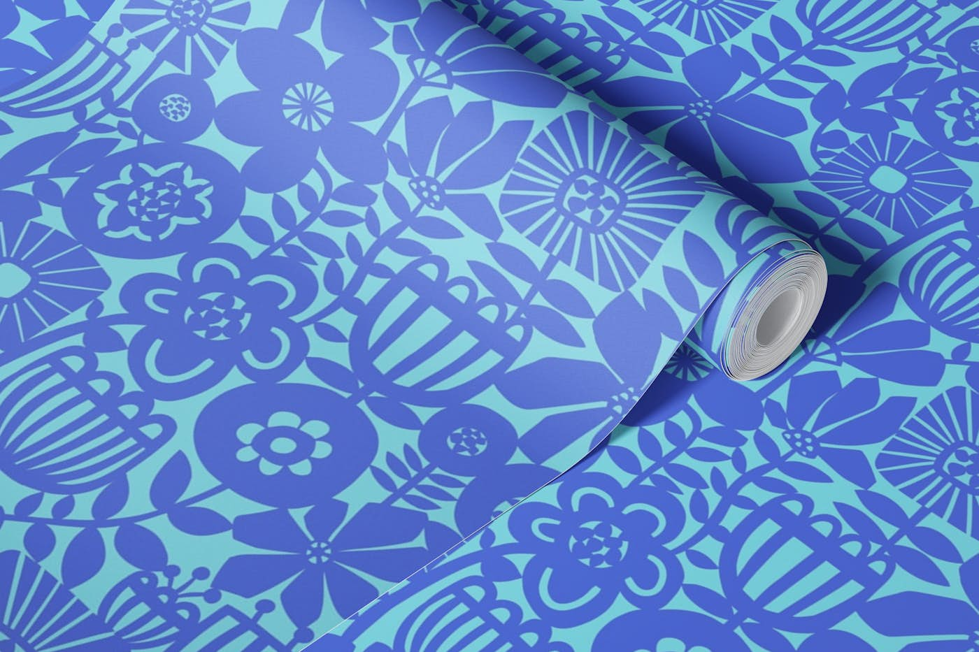 Cut Out Mod Art Florals - Shades of Blue wallpaper roll