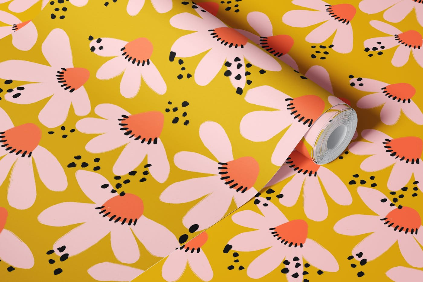 Blooming Flowers and Dots - Pink Yellow Peach wallpaper roll