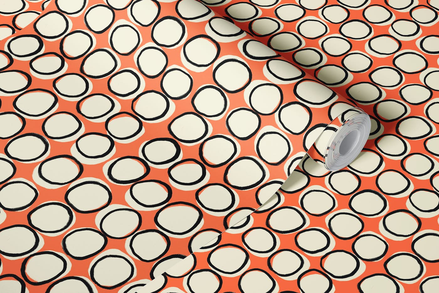 Overlapping Circles - Peach Cream Black wallpaper roll