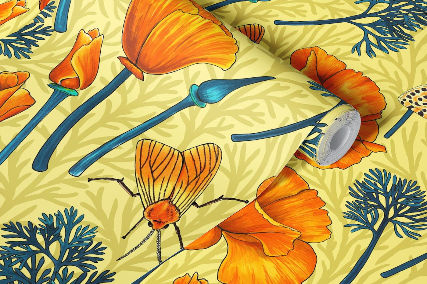 California poppies and moths on yellow wallpaper roll