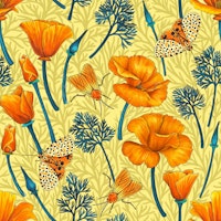 California poppies and moths on yellow wallpaper
