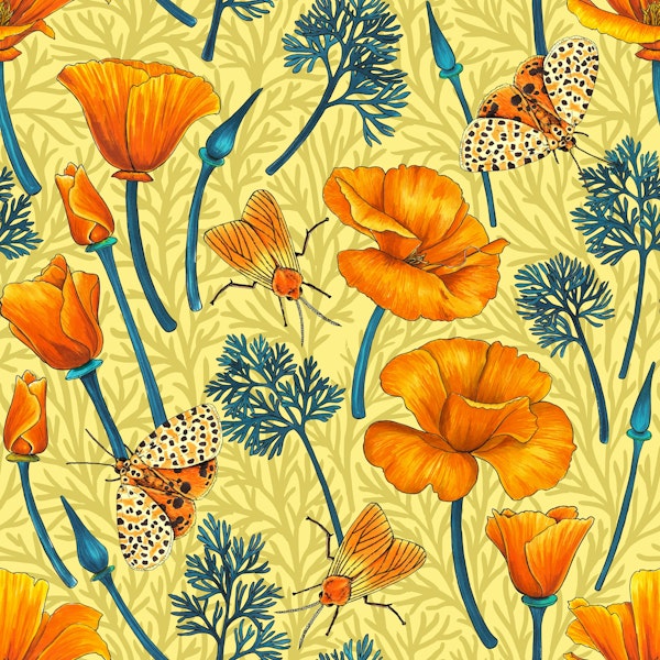 California poppies and moths on yellow