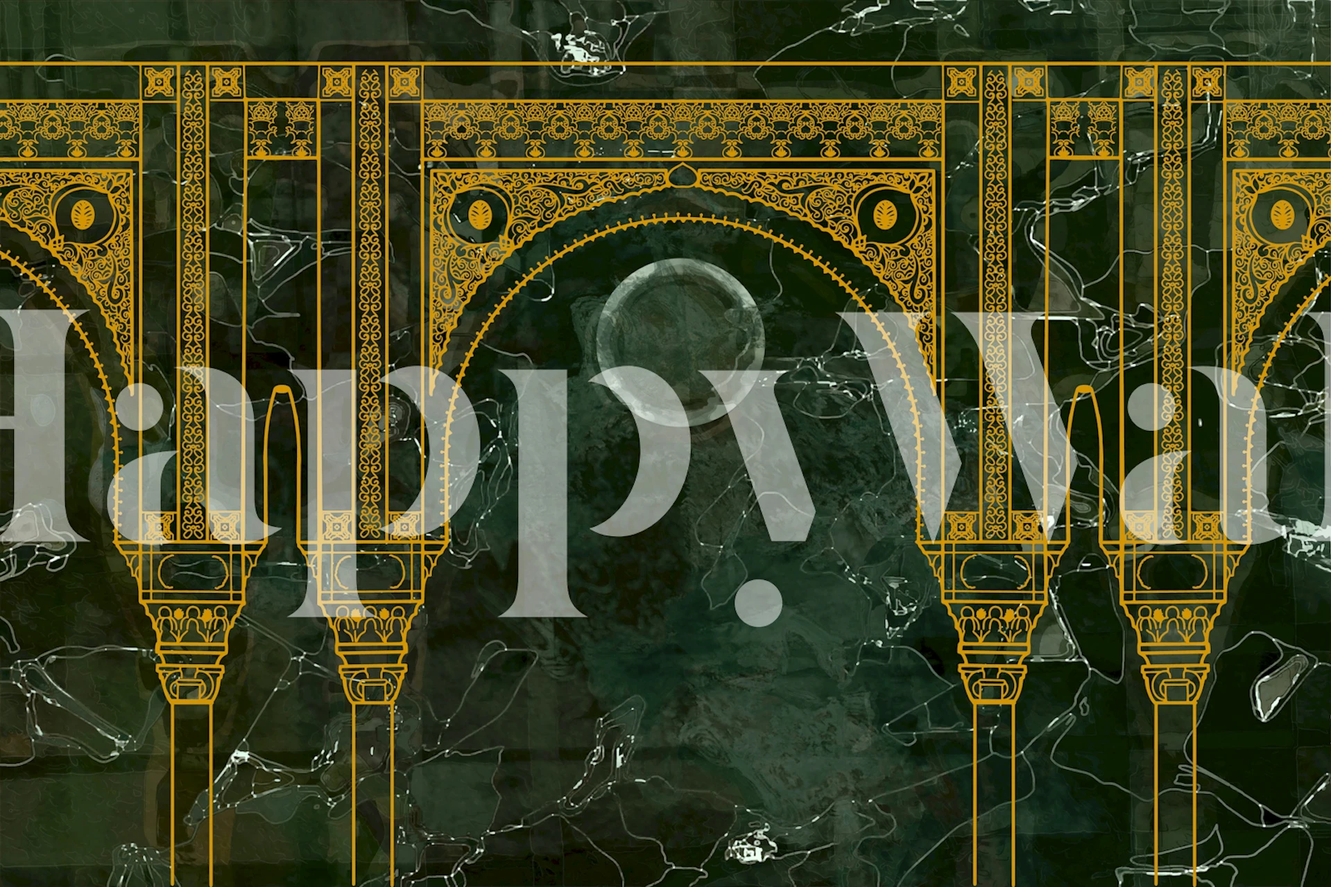 Green marbled wallpaper with gold geometric pattern