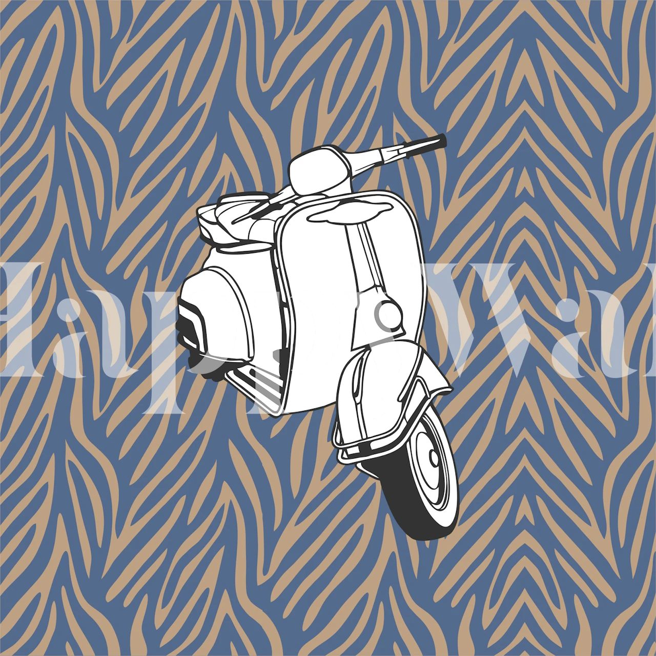 Monochrome taupe blue zebra vespa wallpaper in a room
